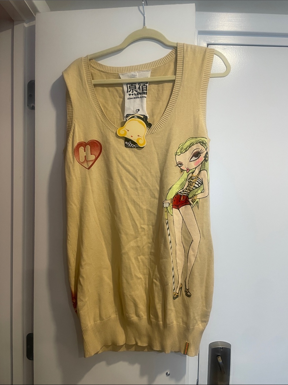 Harajuku Lovers Cream Sleeveless Knit Vest with Red & Green Graphic